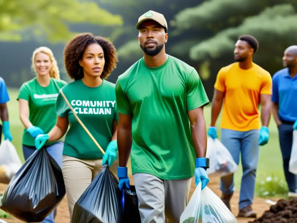 Grupo diverso participa en limpieza comunitaria, mostrando impacto de incentivos protección ambiental economía en parque local