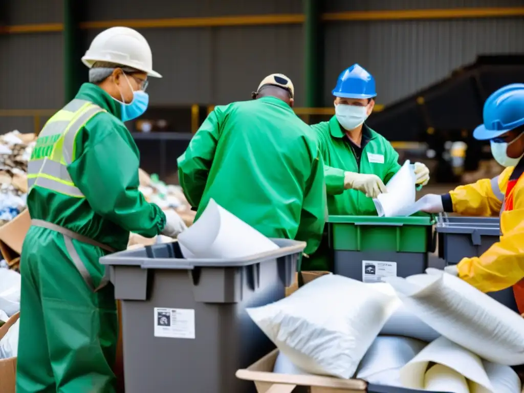 Grupo diverso separa materiales reciclables en planta de gestión de residuos