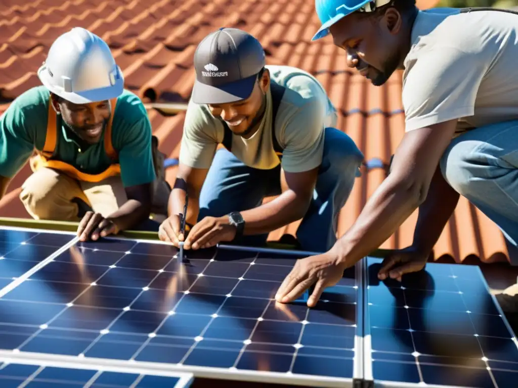 Un grupo diverso de miembros de la comunidad instala paneles solares en un edificio, mostrando determinación y trabajo en equipo