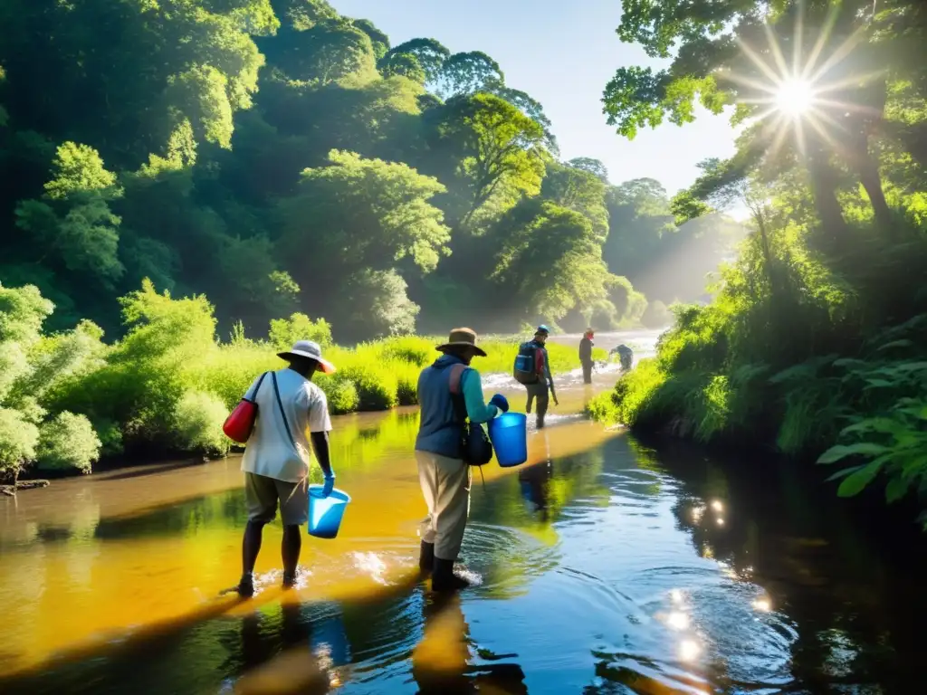 Un grupo diverso de miembros de la comunidad, con guantes y cubos, mide la salud del río y documenta la flora y fauna