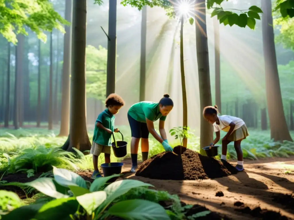 Un grupo diverso de niños y adultos plantando árboles en un bosque exuberante, transmitiendo cuidado del planeta y educación ambiental
