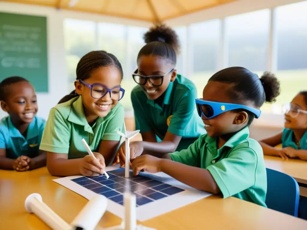 Grupo diverso de niños explorando la energía sostenible en un aula llena de luz solar, rodeados de paneles solares y turbinas eólicas