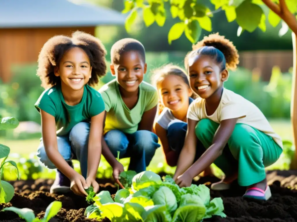 Un grupo diverso de niños sonrientes planta y cuida frutas y verduras orgánicas en un jardín escolar, mostrando los beneficios de la comida orgánica en la infancia