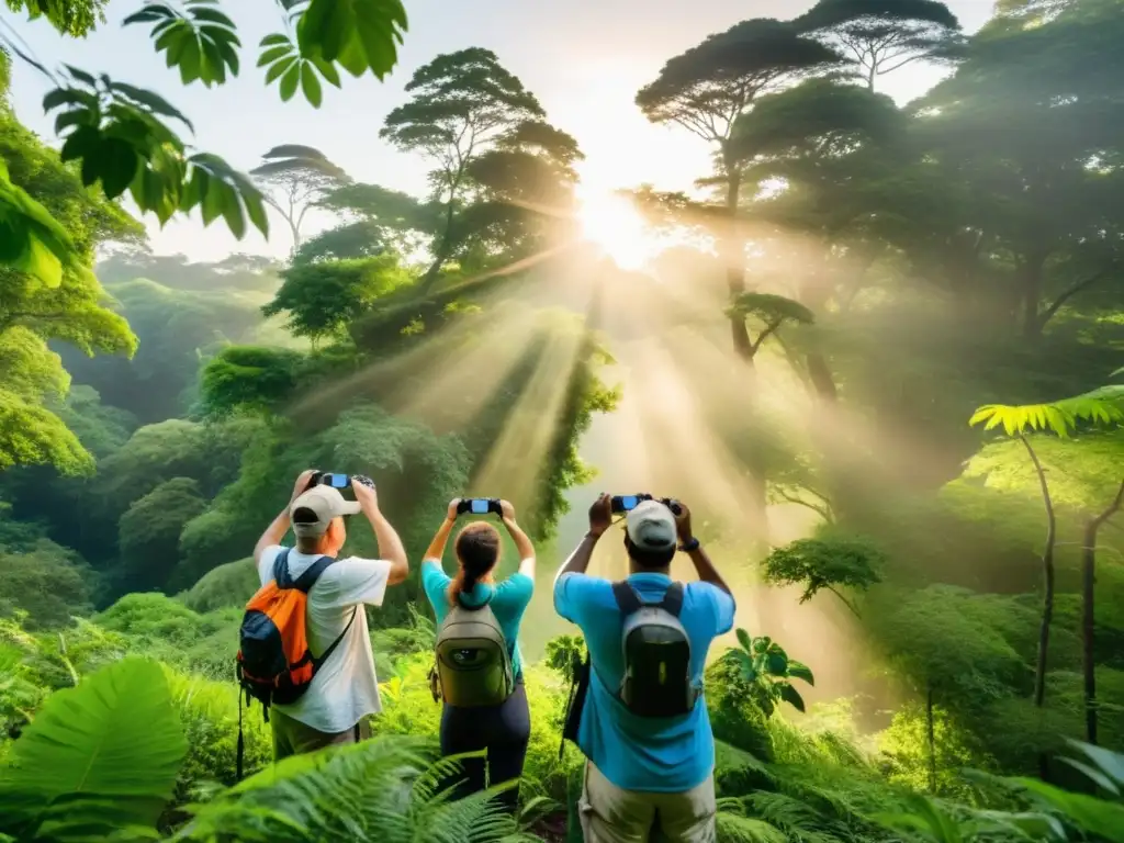 Grupo diverso de observadores de aves disfruta evento de observación de aves en un exuberante bosque, mostrando la armonía entre humanos y naturaleza