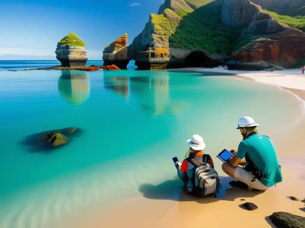 Grupo diverso de oceanógrafos y biólogos marinos explorando ecosistemas costeros en una playa remota, rodeados de belleza natural