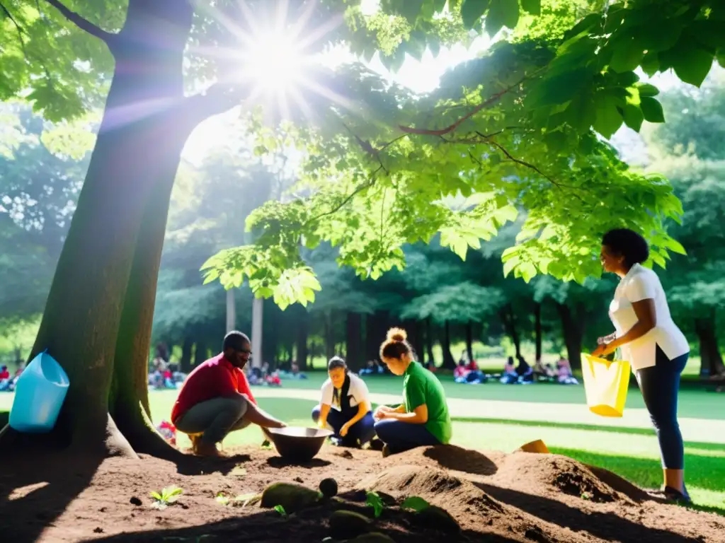 Un grupo diverso se reúne en un parque verde, plantando árboles y participando en talleres ambientales