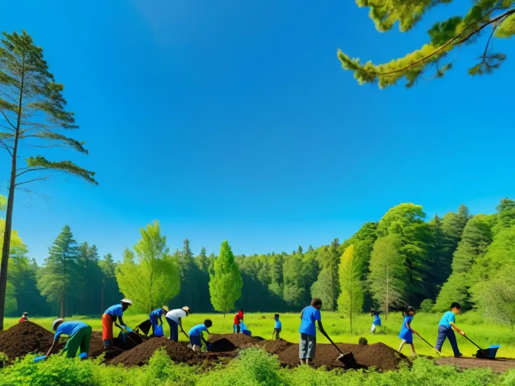 Grupo diverso de personas participando en actividades para el cuidado del planeta en un hermoso bosque