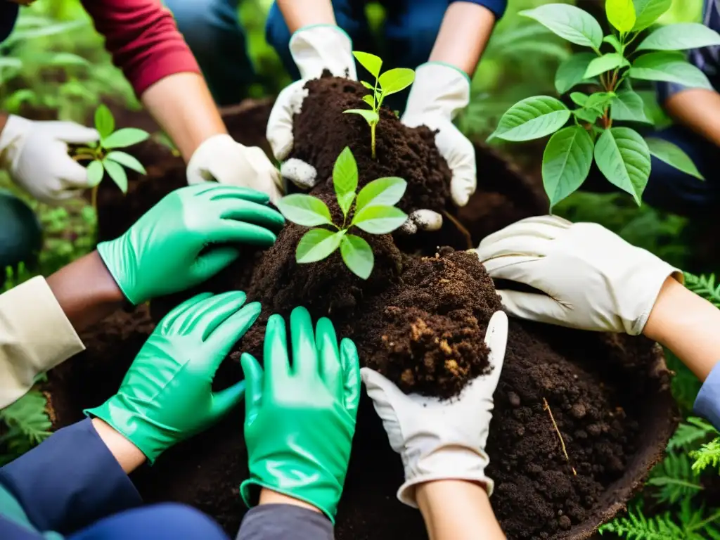 Un grupo diverso de personas planta árboles juntas en un bosque exuberante, mostrando compromiso ecológico y estrategias de comunicación ambiental