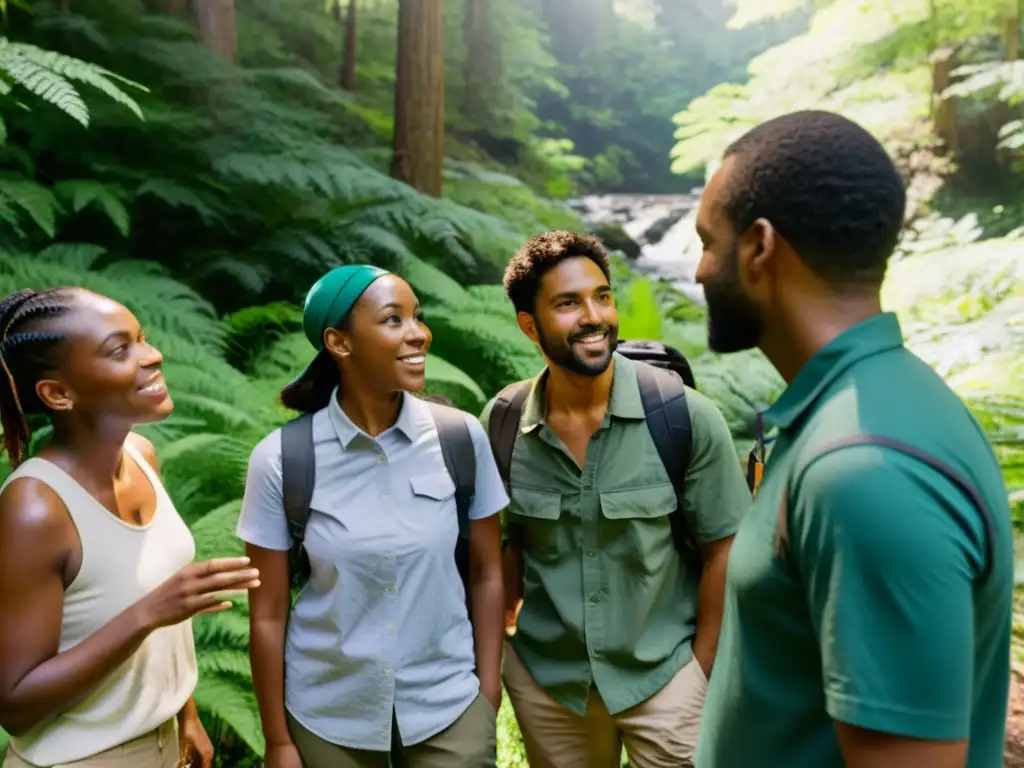 Un grupo diverso de personas discute apasionadamente en un bosque exuberante