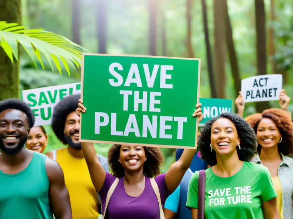 Un grupo diverso de personas sostiene carteles con mensajes ambientales frente a un exuberante bosque