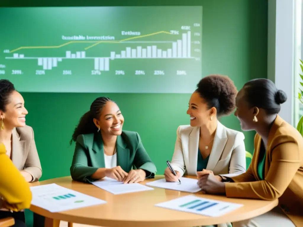 Un grupo diverso de personas discute estrategias de inversión sostenible en un ambiente relajado y acogedor