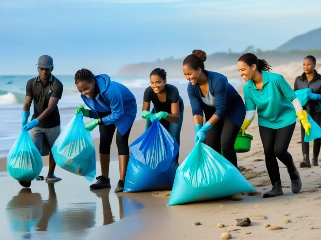 Un grupo diverso de personas trabajando juntas para limpiar una playa contaminada, con el mar azul vibrante de fondo