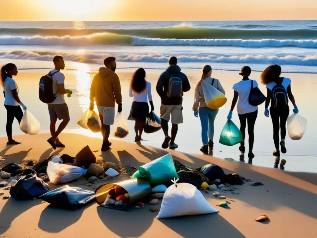 Un grupo diverso de personas participa en una limpieza de playa al atardecer, destacando la urgencia de la concienciación ambiental en Twitter