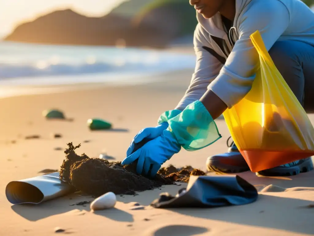 Un grupo diverso de personas se dedica a limpiar la playa al atardecer, comunicando la importancia de la sostenibilidad en ecosistemas