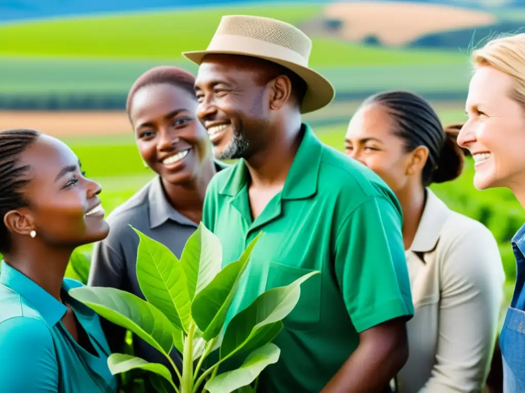 Un grupo diverso de personas trabaja en un proyecto de agricultura sostenible en una comunidad rural, mostrando el impacto social de los Bonos Verdes