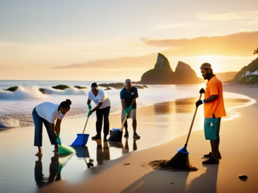 Un grupo diverso colabora limpiando la playa al atardecer, mostrando el impacto positivo de estrategias de fondos de inversión sostenibles en acción