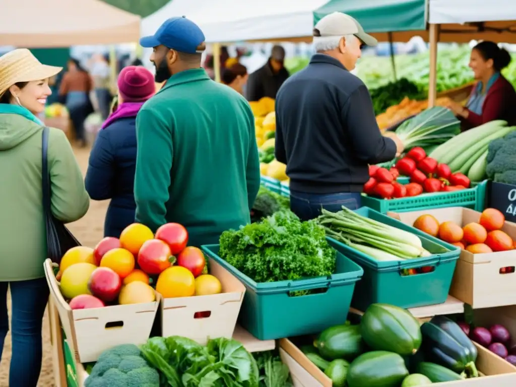 Grupo diverso seleccionando productos frescos en mercado, promoviendo dietas sostenibles cambio social ambiental