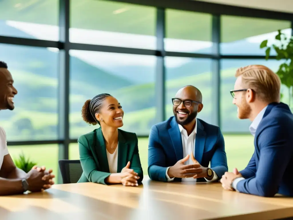 Un grupo diverso de profesionales dialoga con entusiasmo sobre estrategias de inversión sostenible en una oficina moderna y luminosa, equilibrando objetivos en Fondos de Inversión Sostenibles