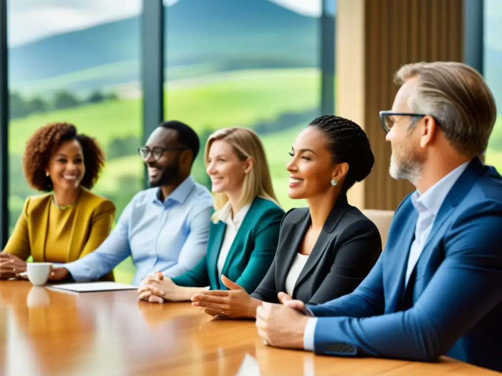 Un grupo diverso de profesionales discute estrategias de inversión sostenible en una moderna sala de juntas