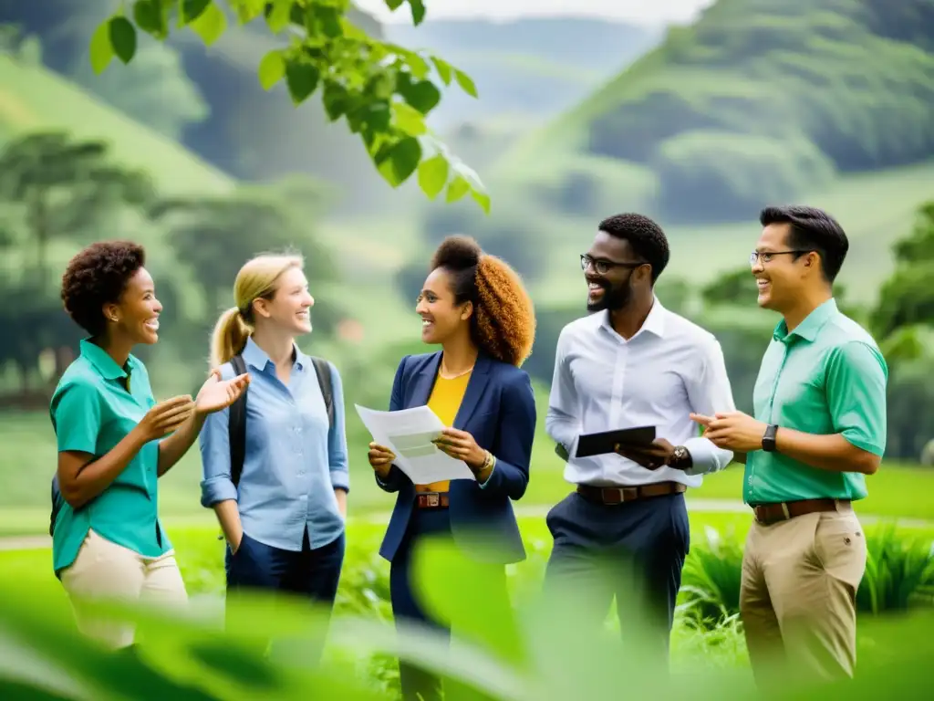 Un grupo diverso de profesionales y estudiantes discuten prácticas sostenibles en un entorno natural, destacando la colaboración y networking