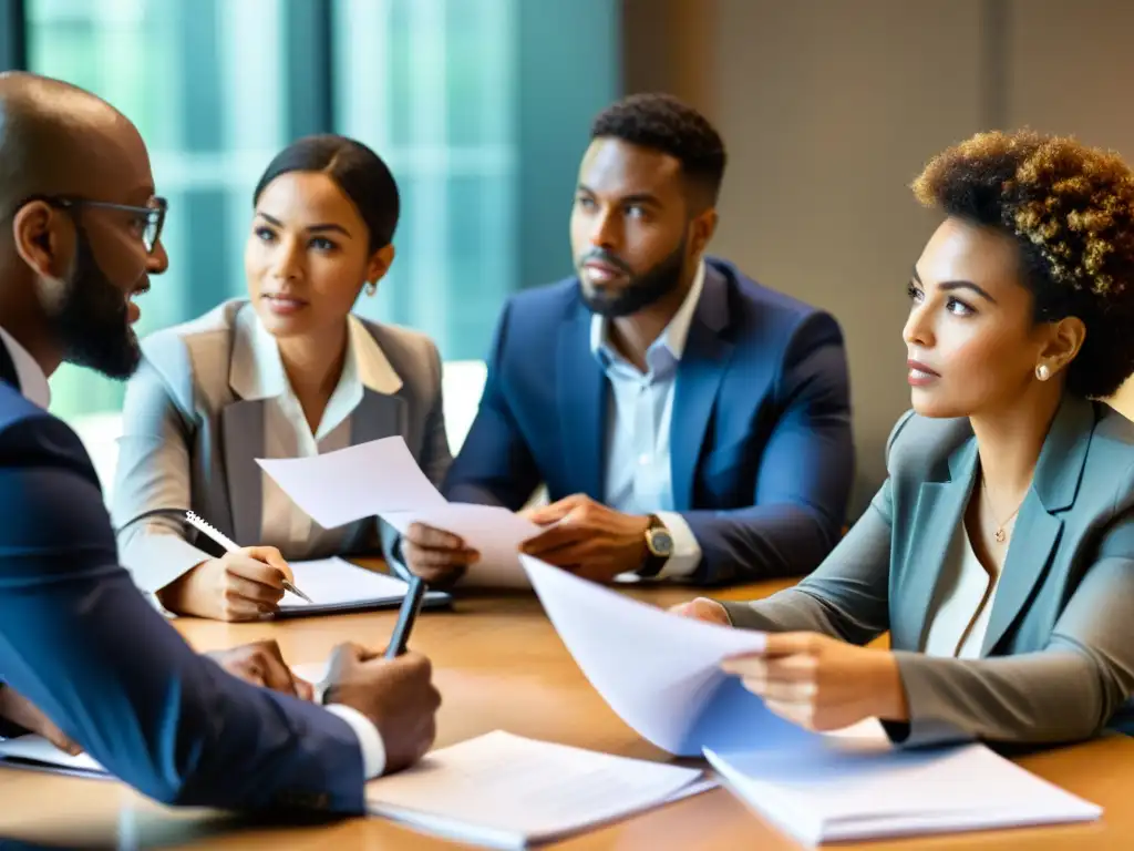 Un grupo diverso de profesionales participa intensamente en una reunión sobre responsabilidad social empresarial