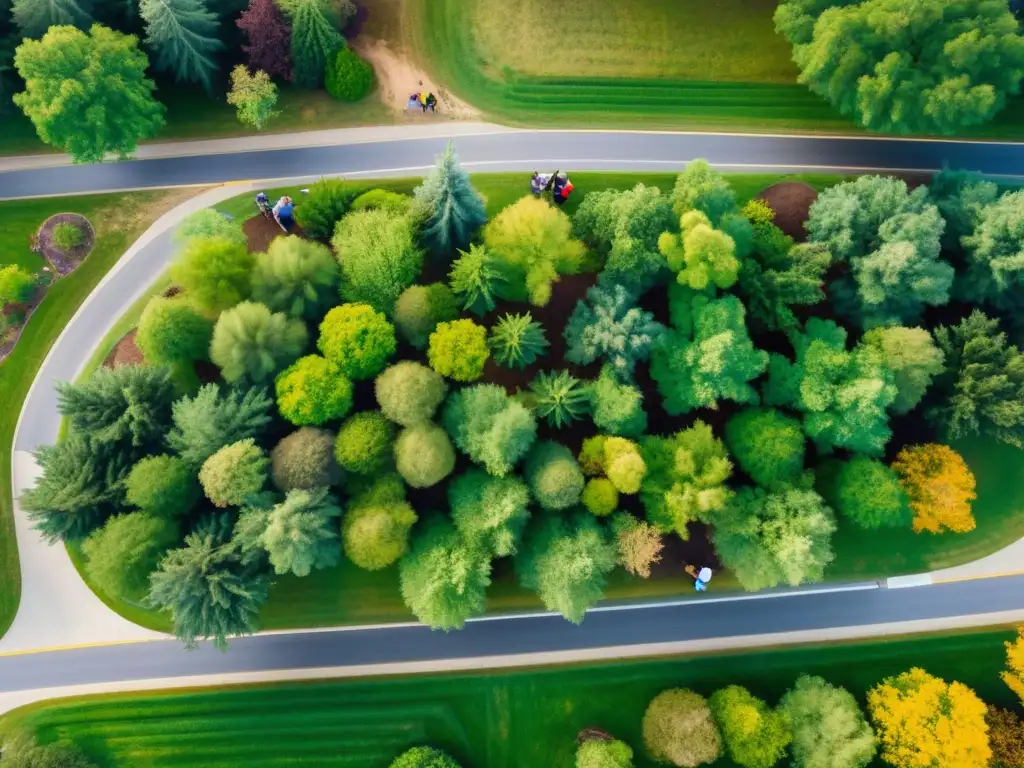 Un grupo diverso participa en un proyecto comunitario de conservación, plantando árboles, limpiando un parque y restaurando el entorno