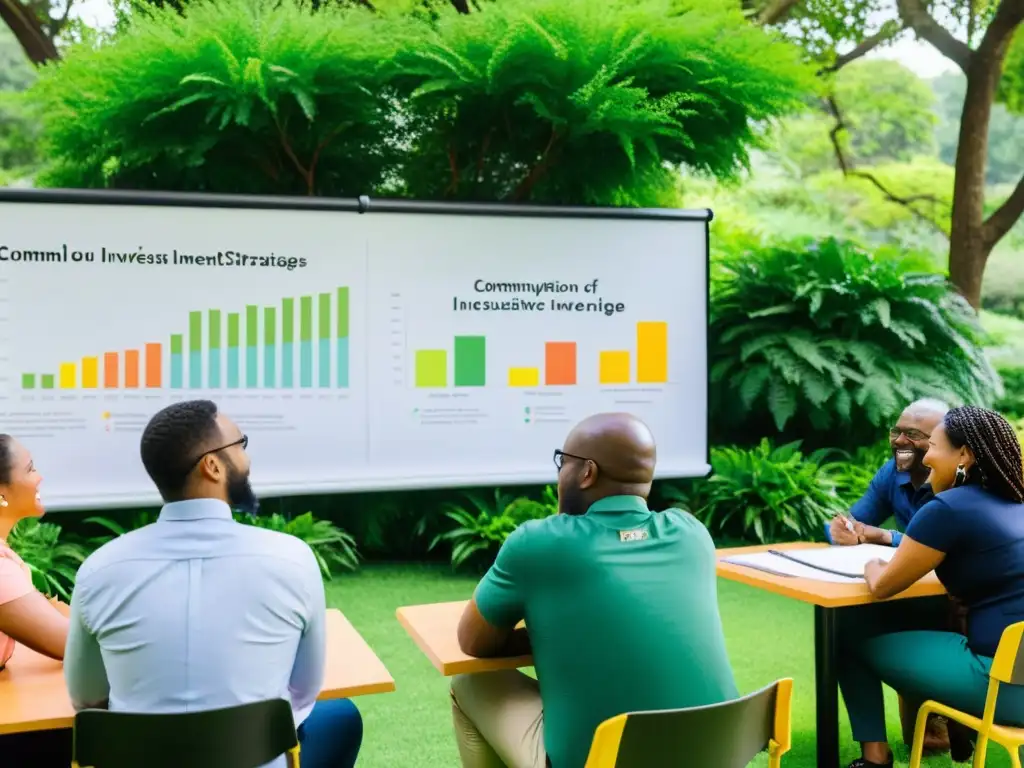 Grupo diverso en taller de inversión sostenible, aprendiendo en parque verde