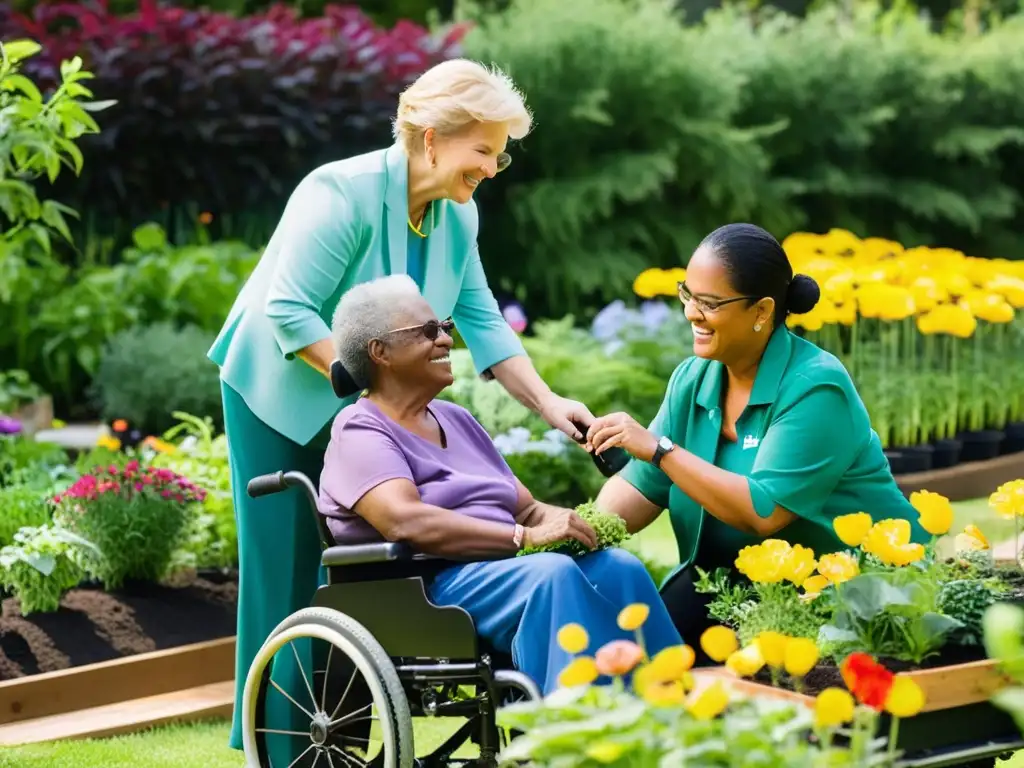 Un grupo diverso disfruta de la horticultura terapéutica en un jardín soleado