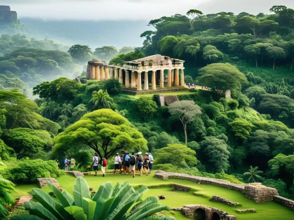 Un grupo diverso de turistas escucha atentamente a un guía local mientras caminan por un exuberante bosque con ruinas antiguas al fondo