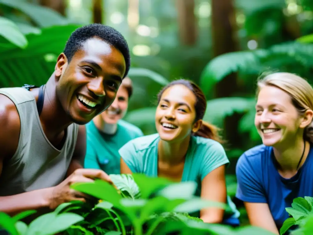 Grupo diverso de voluntarios colaborando en actividades de ciencia ciudadana en un ecosistema vibrante