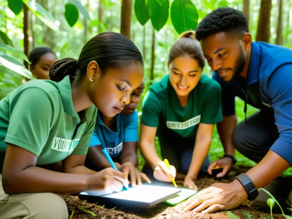 Grupo diverso de voluntarios realizando actividades de ciencia ciudadana para la conservación de especies en un bosque biodiverso