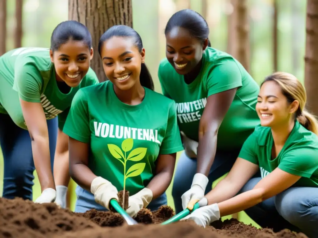 Grupo diverso de voluntarios plantando árboles en un bosque verde exuberante, promoviendo cambios de hábitos ambientales