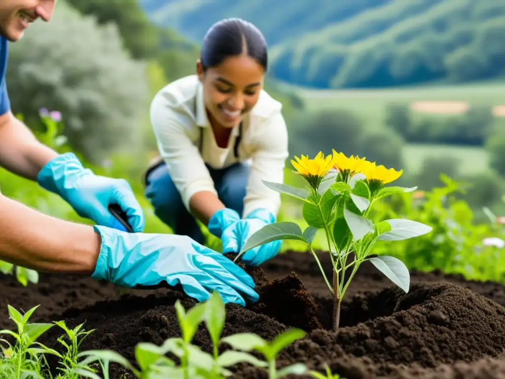 Un grupo diverso de voluntarios planta árboles nativos en un ecosistema exuberante, demostrando la financiación de proyectos ecosistemas crowdfunding