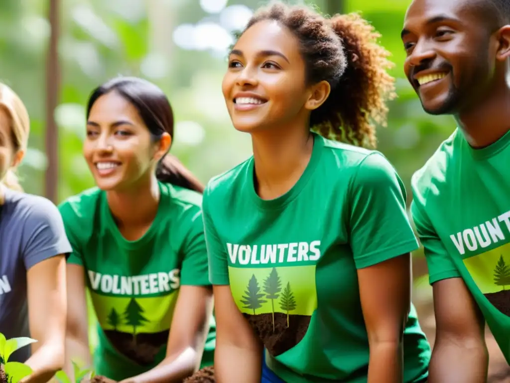 Un grupo diverso de voluntarios plantando árboles en un bosque exuberante, reflejando la impactante labor del contenido generado por el usuario en protección ambiental