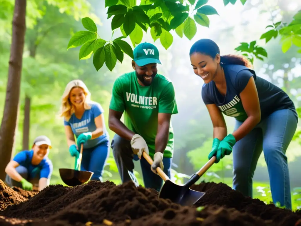 Un grupo diverso de voluntarios planta árboles en un bosque exuberante