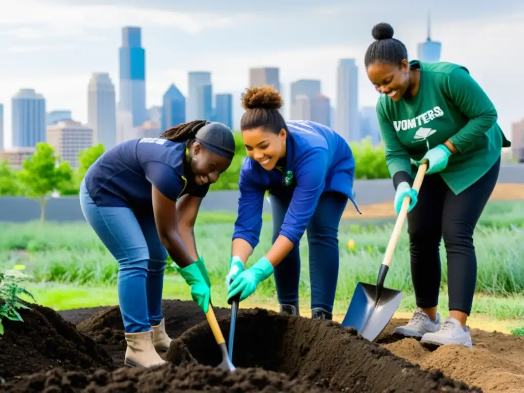 Un grupo diverso de voluntarios plantando árboles nativos en un parque urbano degradado, mostrando la colaboración en la restauración ecológica