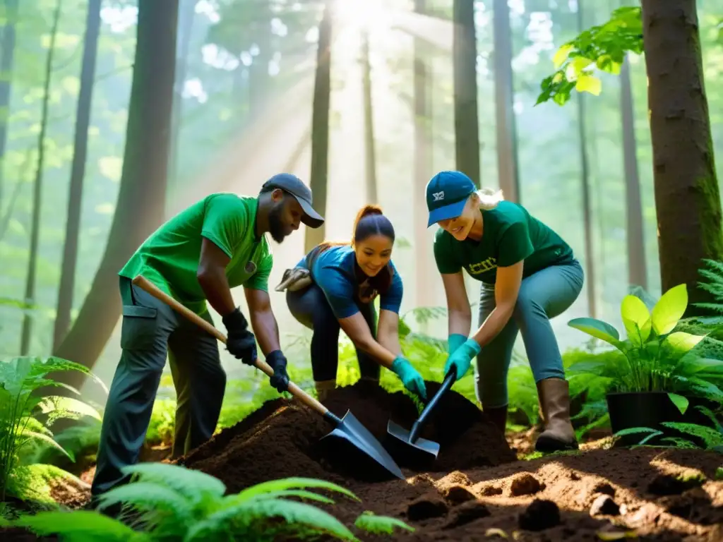 Un grupo diverso de voluntarios colabora en la restauración ecológica, plantando árboles en un frondoso bosque