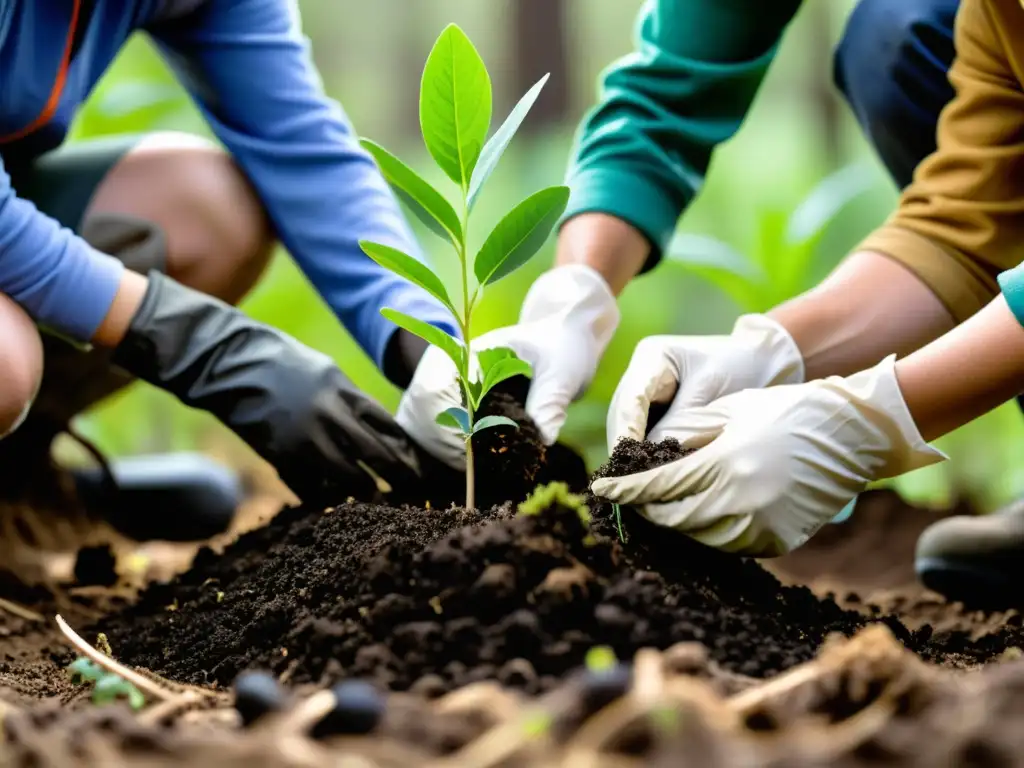 Grupo diverso de voluntarios plantando árboles nativos en ecosistema degradado, mostrando plataformas colaborativas en restauración ecológica