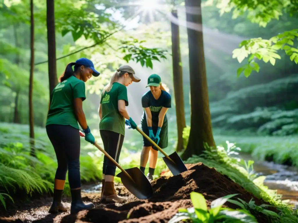 Un grupo diverso de voluntarios planta árboles en un bosque exuberante