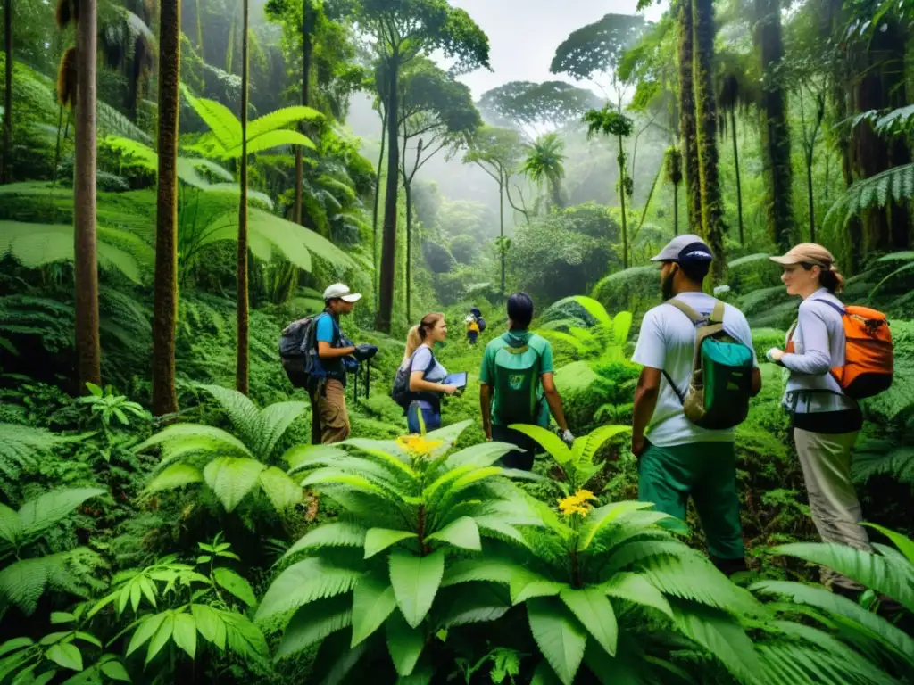 Un grupo diverso de voluntarios realiza investigación de campo en un exuberante bosque biodiverso