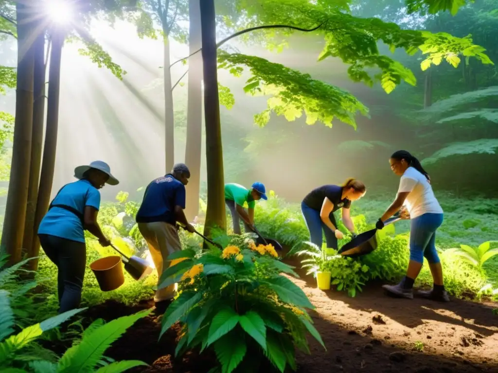 Un grupo diverso de voluntarios cuida con dedicación un bosque exuberante, plantando árboles y restaurando el paisaje