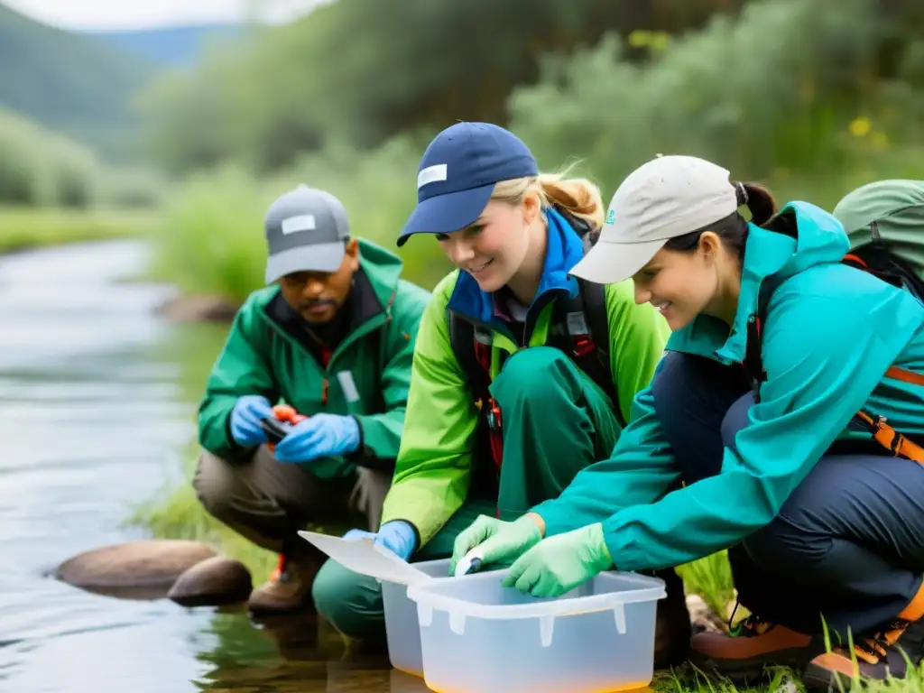 Grupo diverso de voluntarios en equipo al aire libre realizando pruebas de calidad del agua junto a un río