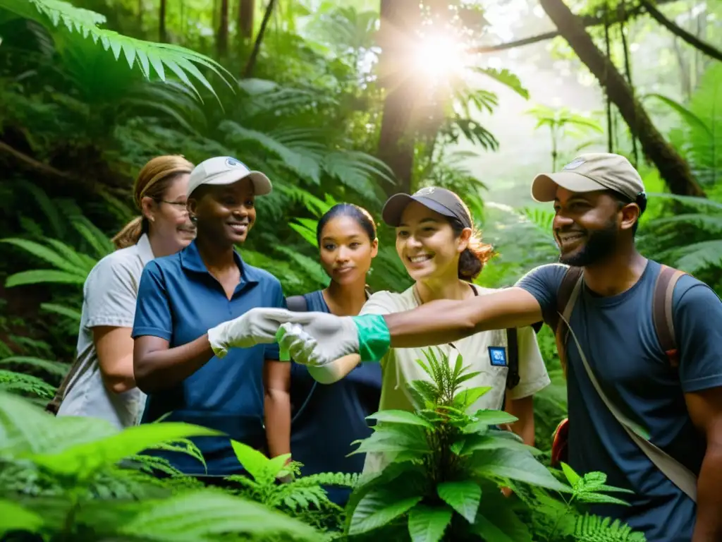 Un grupo diverso de voluntarios realiza experimentos científicos en un frondoso bosque, creando una atmósfera de colaboración y conservación