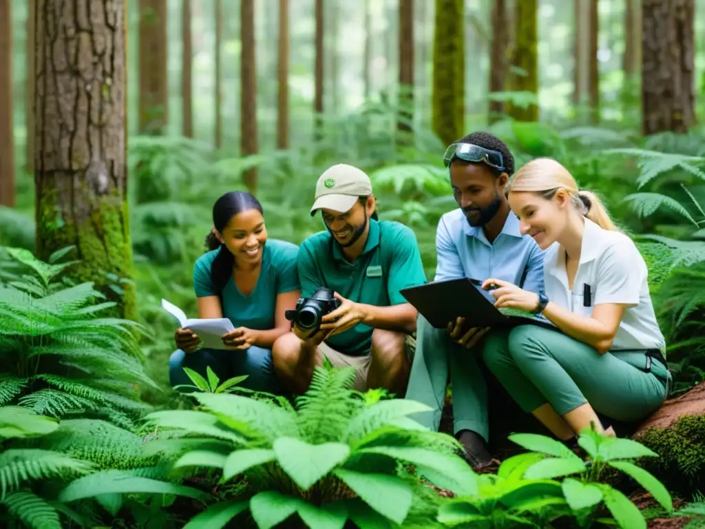 Un grupo diverso de voluntarios colabora en un exuberante bosque, documentando la biodiversidad para proyectos internacionales ciencia ciudadana