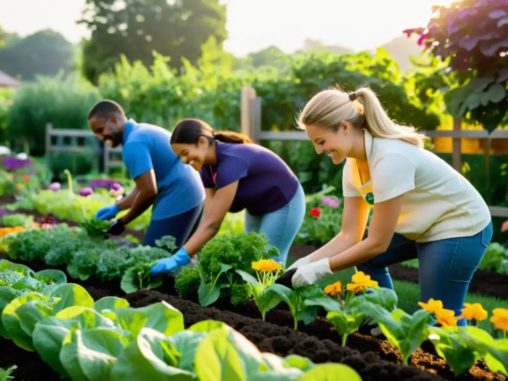 Voluntarios cultivando juntos en un huerto comunitario Un grupo diverso de voluntarios colabora en un huerto comunitario, plantando frutas y verduras coloridas en armonía