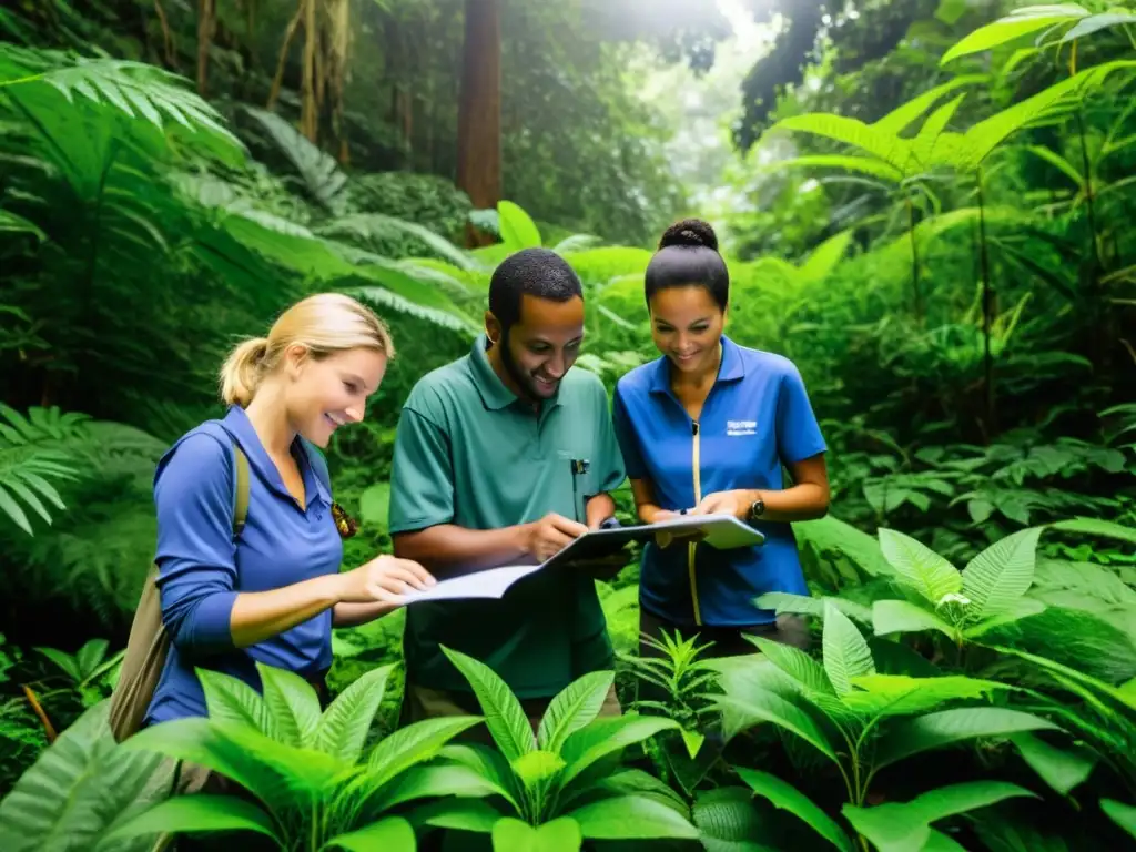 Un grupo diverso de voluntarios trabaja juntos en un entorno exuberante, recopilando datos para proyectos de ciencia ciudadana ecología mundial