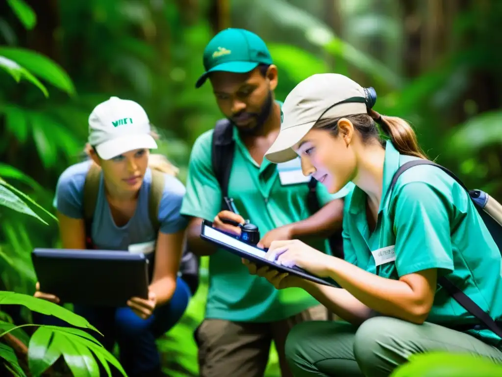 Grupo diverso de voluntarios trabajando juntos en la recolección de datos en la selva tropical