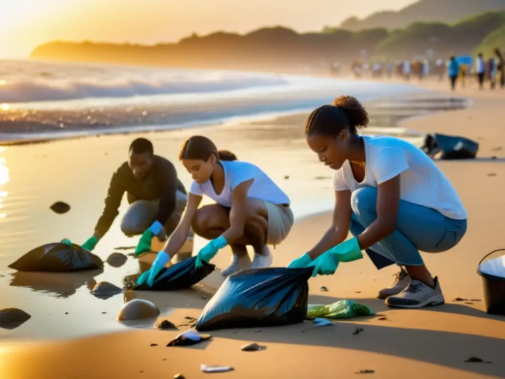 Un grupo diverso de voluntarios limpia una playa contaminada al atardecer