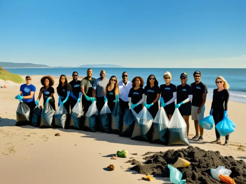 Grupo diverso de voluntarios en limpieza de playa, transmitiendo compromiso ecológico y estrategias de comunicación ambiental