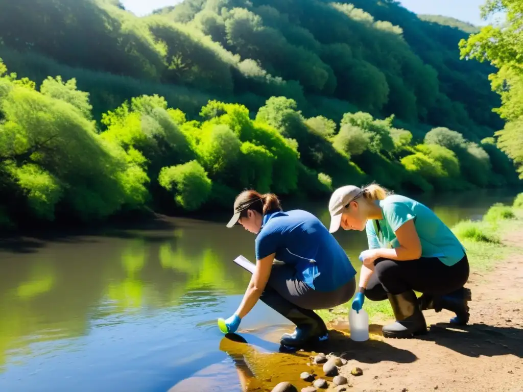 Grupo diverso de voluntarios recolectando muestras de agua en un río para investigación ambiental